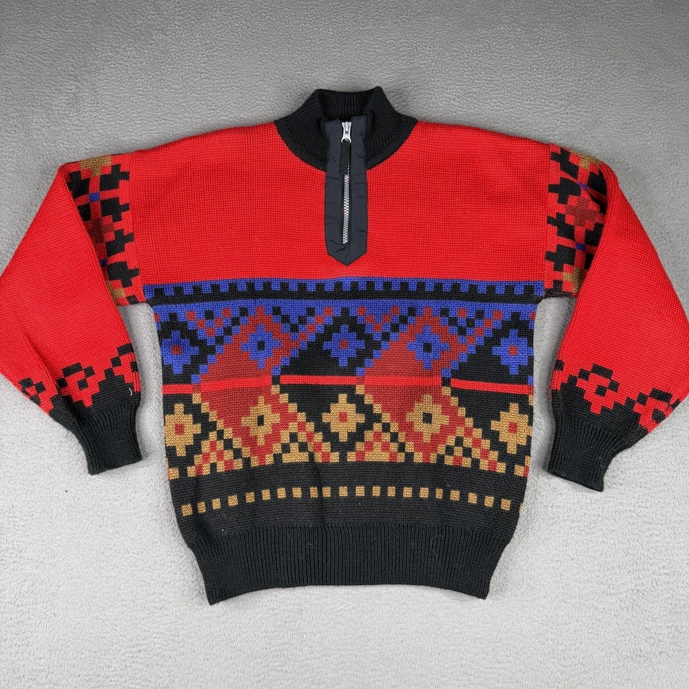 Vintage‎ Obermeyer Sweater Juniors 14 Red 1/4 Zip Mock Neck Ski Aztec Wool Knit